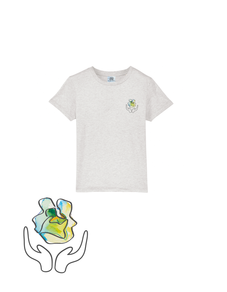 White t-shirt with green and blue print flower on the chest